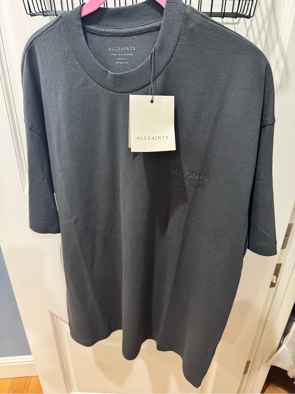 AllSaints Black Short-Sleeve Crewneck Tee with Subtle Embossed Logo